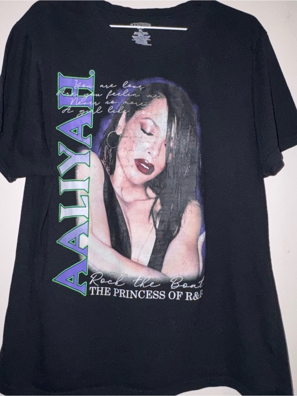 Aaliyah 'Rock the Boat' Graphic Tee - Black with Purple & Green Print